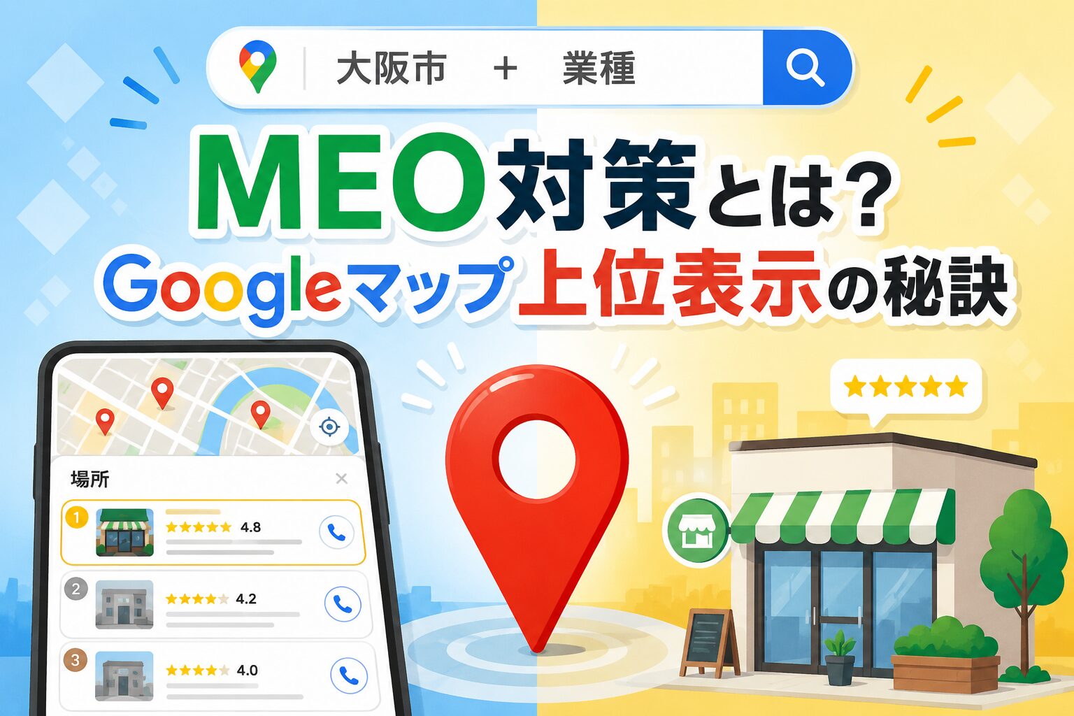 MEO対策とは何かとGoogleマップで上位表示させる方法を解説するアイキャッチ画像