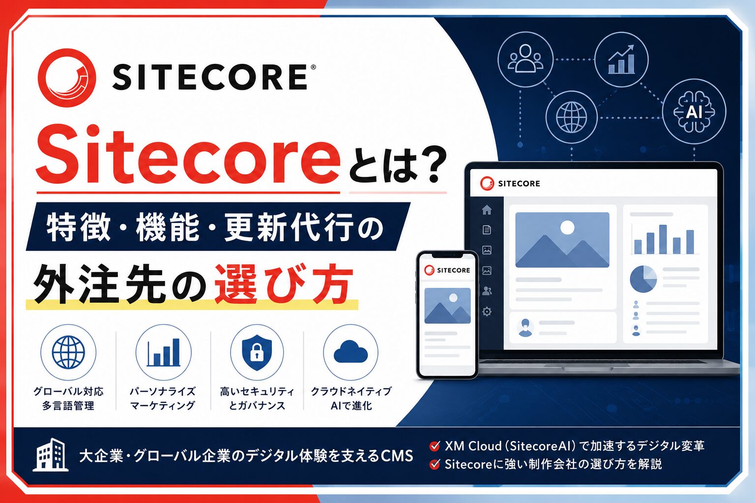 Sitecore(サイトコア)の特徴や機能、更新代行の外注先選びを解説するイメージ