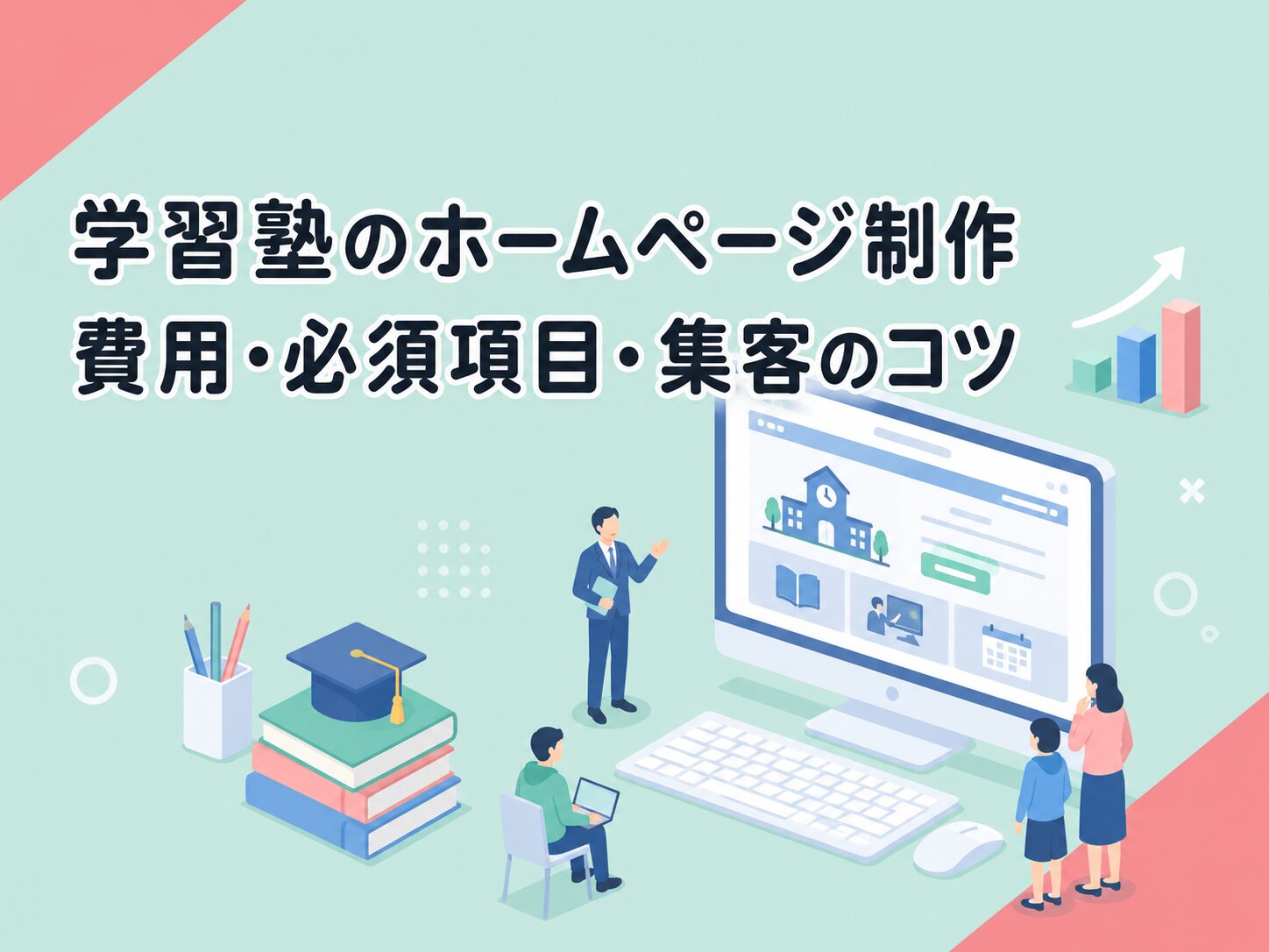 学習塾のホームページ制作の費用・必須項目・集客のコツを解説するアイキャッチ